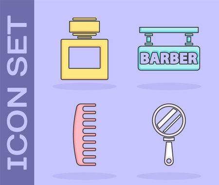 Set Hand mirror, Aftershave, Hairbrush and Barbershop icon. Vectorのイラスト素材