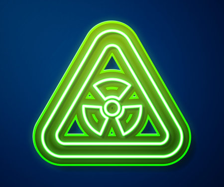 Glowing neon line Triangle sign with radiation symbol icon isolated on blue background. Vectorのイラスト素材