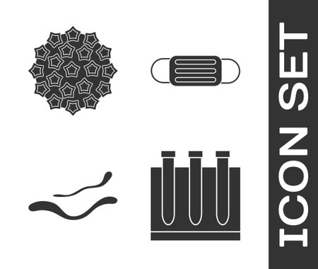 Set Blood test and virus, Virus, Ebola virus disease and Medical protective mask icon. Vectorのイラスト素材