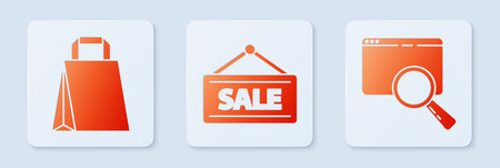Set Hanging sign with Sale, Paper shopping bag and Search in a browser window. White square button. Vectorのイラスト素材