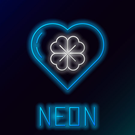 Glowing neon line Heart with four leaf clover icon isolated on black background. Happy Saint Patrick day. Colorful outline concept. Vectorのイラスト素材