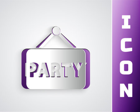 Paper cut Signboard party icon isolated on grey background. Paper art style. Vectorのイラスト素材