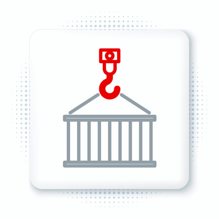Line Container on crane icon isolated on white background. Crane lifts a container with cargo. Colorful outline concept. Vectorのイラスト素材