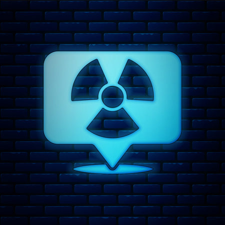 Glowing neon Radioactive in location icon isolated on brick wall background. Radioactive toxic symbol. Radiation Hazard sign. Vectorのイラスト素材