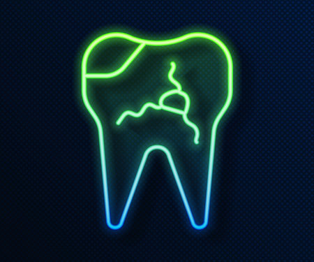 Glowing neon line Broken tooth icon isolated on blue background. Dental problem icon. Dental care symbol. Vector Illustrationのイラスト素材