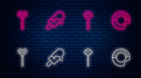 Set line Ice cream, Lollipop, and Donut. Glowing neon icon on brick wall. Vectorのイラスト素材