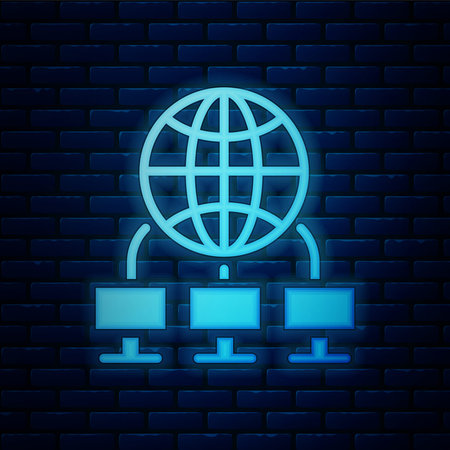 Glowing neon Computer network icon isolated on brick wall background. Laptop network. Internet connection. Vector Illustrationのイラスト素材