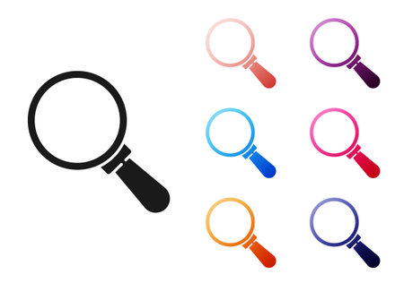 Black Magnifying glass icon isolated on white background. Search, focus, zoom, business symbol. Set icons colorful. Vectorのイラスト素材