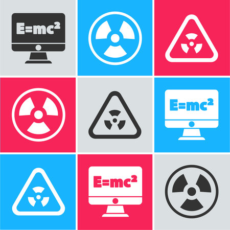Set Equation solution, Radioactive and Triangle with radiation icon. Vectorのイラスト素材