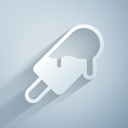 Paper cut Ice cream icon isolated on grey background. Sweet symbol. Paper art style. Vectorのイラスト素材