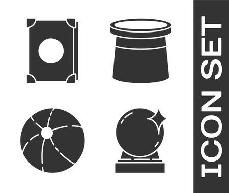 Set Magic ball, Ancient magic book, Beach ball and Magician hat icon. Vectorのイラスト素材