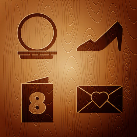 Set Envelope with 8 March, Makeup powder with mirror, Greeting card with 8 March and Woman shoe on wooden background. Vectorのイラスト素材