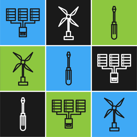 Set line Server, Data, Web Hosting, Screwdriver and Wind turbine icon. Vectorのイラスト素材