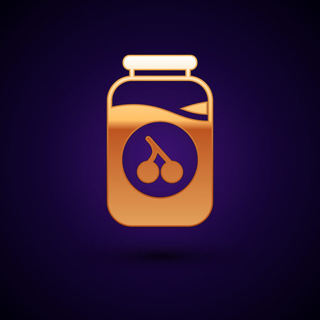 Gold Cherry jam jar icon isolated on black background. Vectorのイラスト素材