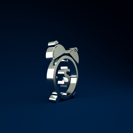 Silver Alarm clock with dollar symbol icon isolated on blue background. Time is money. Effective...