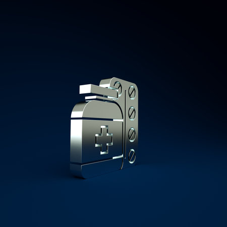 Silver Medicine bottle and pills icon isolated on blue background. Bottle pill sign. Pharmacy design. Minimalism concept. 3d illustration 3D renderの写真素材