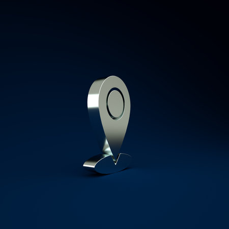 Silver Map pin icon isolated on blue background. Navigation, pointer, location, map, gps, direction, place, compass, contact, search concept. Minimalism concept. 3d illustration 3D renderの写真素材