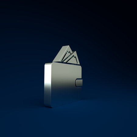 Silver Wallet with stacks paper money cash icon isolated on blue background. Purse icon. Cash savings symbol. Minimalism concept. 3d illustration 3D renderの写真素材