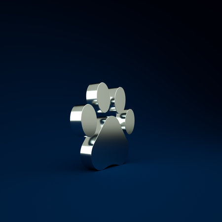 Silver Paw print icon isolated on blue background. Dog or cat paw print. Animal track. Minimalism concept. 3d illustration 3D renderの写真素材