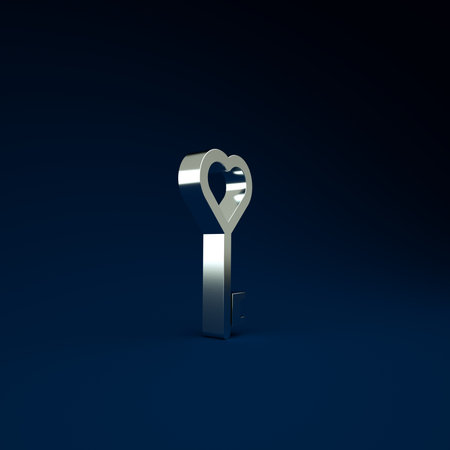Silver Key in heart shape icon isolated on blue background. Minimalism concept. 3d illustration 3D renderの写真素材