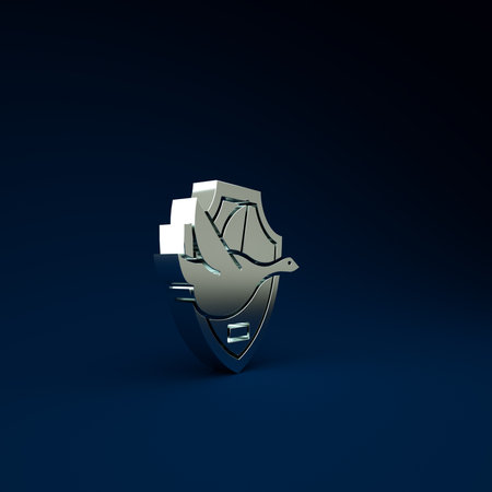 Silver Flying duck on shield icon isolated on blue background. Hunting trophy on wall. Minimalism concept. 3d illustration 3D renderの写真素材