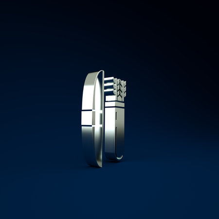 Silver Bow and arrow in quiver icon isolated on blue background. Minimalism concept. 3d illustration 3D renderの写真素材