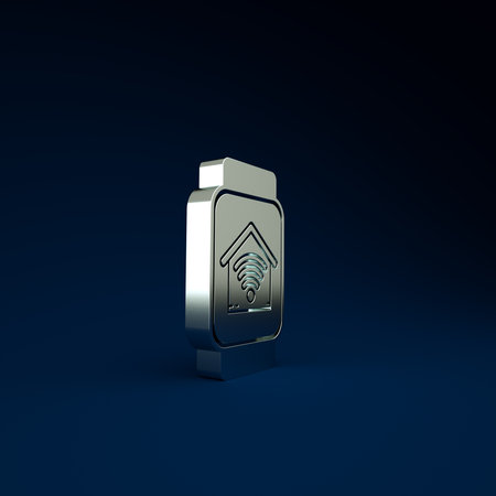 Silver Smart watch with smart home with wifi icon isolated on blue background. Remote control. Minimalism concept. 3d illustration 3D renderの写真素材