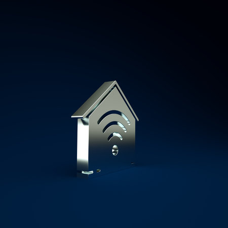 Silver Smart home with wifi icon isolated on blue background. Remote control. Minimalism concept. 3d illustration 3D renderの写真素材