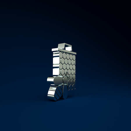 Silver Bee and honeycomb icon isolated on blue background. Honey cells. Sweet natural food. Honeybee or apis with wings symbol. Flying insect. Minimalism concept. 3d illustration 3D renderの写真素材
