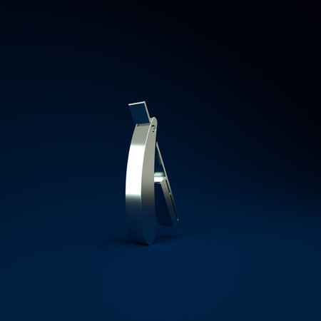 Silver Straight razor icon isolated on blue background. Barbershop symbol. Minimalism concept. 3d...