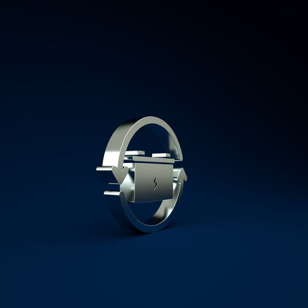 Silver Battery with recycle symbol line icon isolated on blue background. Battery with recycling...