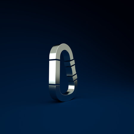 Silver Carabiner icon isolated on blue background. Extreme sport. Sport equipment. Minimalism concept. 3d illustration 3D renderの写真素材