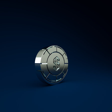Silver Casino chip with dollar symbol icon isolated on blue background. Casino gambling. Minimalism concept. 3d illustration 3D renderの写真素材