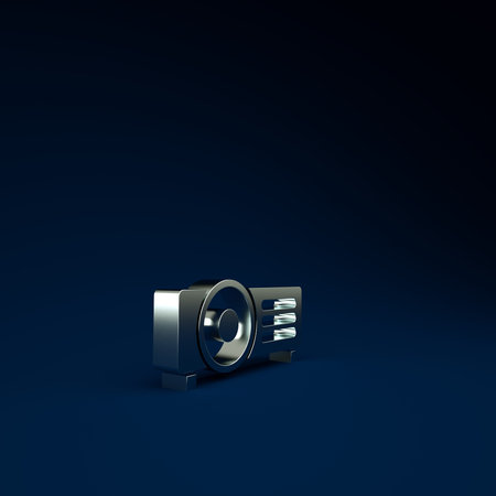 Silver Presentation, movie, film, media projector icon isolated on blue background. Minimalism...