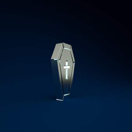 Silver Coffin with christian cross icon isolated on blue background. Happy Halloween party. Minimalism concept. 3d illustration 3D renderの写真素材