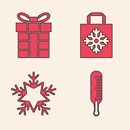 Set Meteorology thermometer measuring, Gift box, Christmas paper shopping bag and Snowflake icon. Vectorのイラスト素材