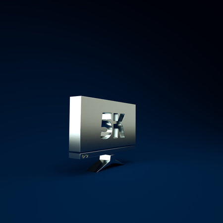 Silver Computer PC monitor display with 5k video technology icon isolated on blue background....