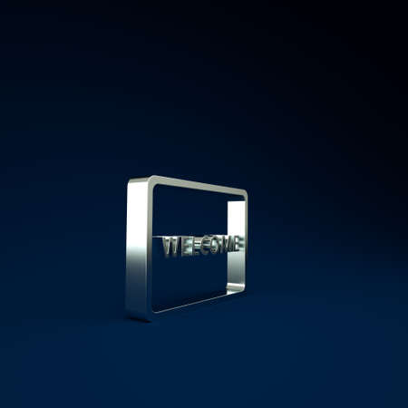Silver Doormat with the text Welcome icon isolated on blue background. Welcome mat sign. Minimalism concept. 3d illustration 3D renderの写真素材