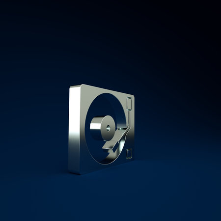 Silver Vinyl player with a vinyl disk icon isolated on blue background. Minimalism concept. 3d...
