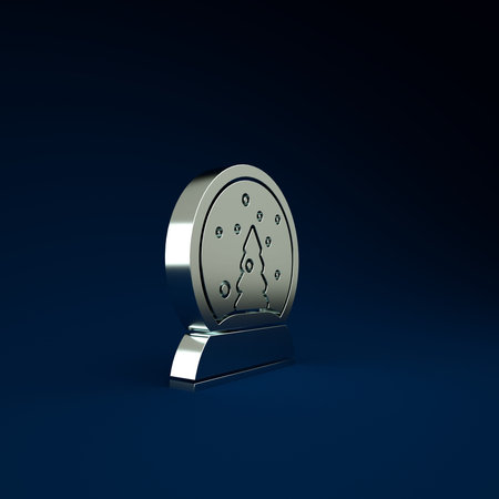 Silver Christmas snow globe with fallen snow and christmas tree icon isolated on blue background....