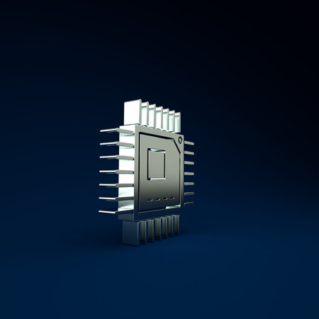 Silver Computer processor with microcircuits CPU icon isolated on blue background. Chip or cpu with...