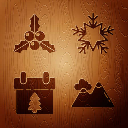 Set Mountains, Branch viburnum or guelder rose, Calendar and Snowflake on wooden background. Vectorのイラスト素材