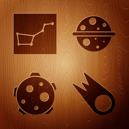 Set Comet falling down fast, Great Bear constellation, Planet and Planet Saturn on wooden background. Vectorのイラスト素材