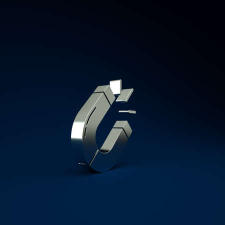 Silver Magnet icon isolated on blue background. Horseshoe magnet, magnetism, magnetize, attraction. Minimalism concept. 3d illustration 3D renderの写真素材