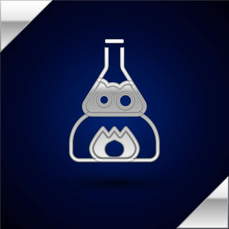 Silver Glass test tube flask on fire heater experiment icon isolated on dark blue background. Laboratory equipment. Vectorのイラスト素材