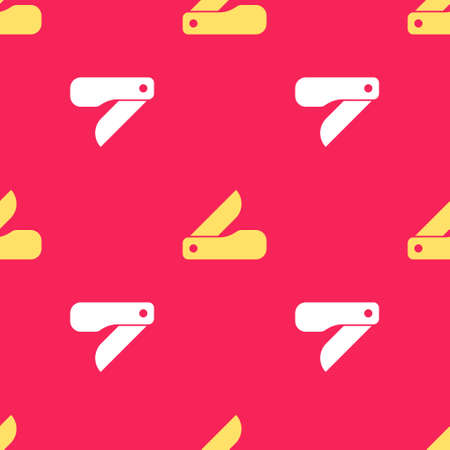 Yellow Multifunction knife icon isolated seamless pattern on red background. Multi-tool, multipurpose penknife. Multifunctional tool. Vectorのイラスト素材