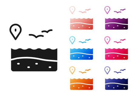 Black Location with beach icon isolated on white background. Tropical beach landscape. Good sunny day. Set icons colorful. Vectorのイラスト素材