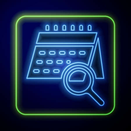 Glowing neon Calendar search icon isolated on blue background. Vectorのイラスト素材