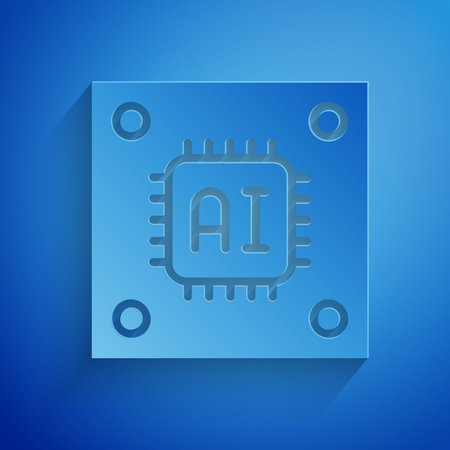 Paper cut Computer processor with microcircuits CPU icon isolated on blue background. Chip or cpu...