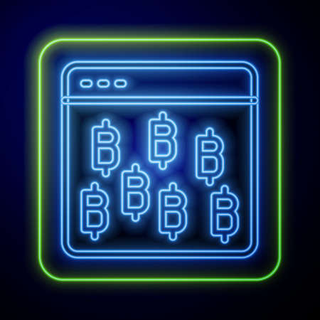 Glowing neon Cryptocurrency coin Bitcoin icon isolated on blue background. Physical bit coin. Blockchain based secure crypto currency. Vectorのイラスト素材